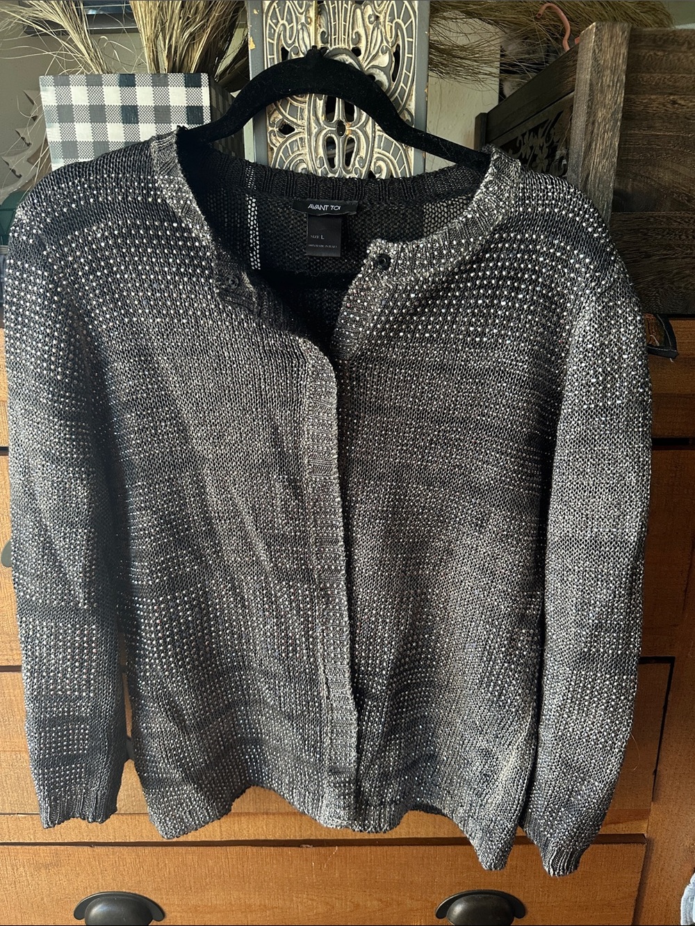 Avant Toi Black and Silver Metallic Knit Crewneck Cardigan